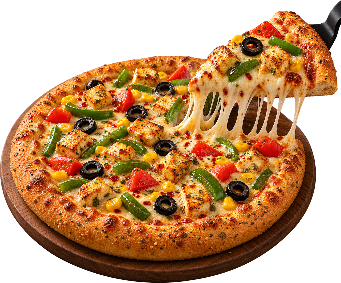 Hand-toasted paneer pizza with a cheese pull