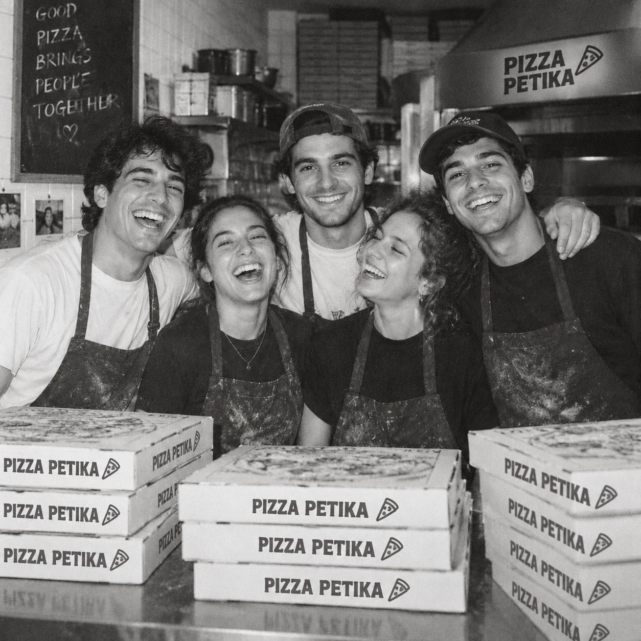 The founding team with pizza boxes